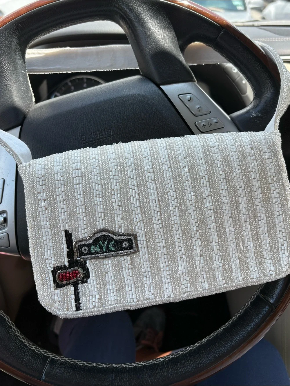 Beaded White Taxi Cityscape Shoulder Bag